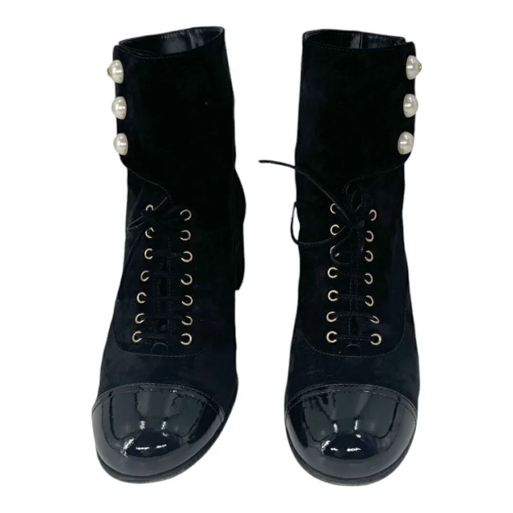 Chanel Suede Pearl CC Logo Patent Cap Toe Short Boots - Picture 5 of 16